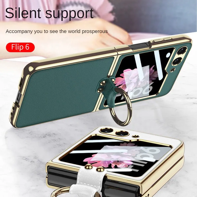 Electroplated Leather Strap Hard Case Back Screen Glass Ring Stand   For Samsung Galaxy Z Flip 6