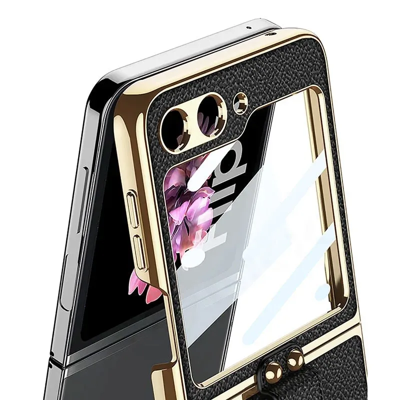 Electroplated Leather Strap Hard Case Back Screen Glass Ring Stand   For Samsung Galaxy Z Flip 6