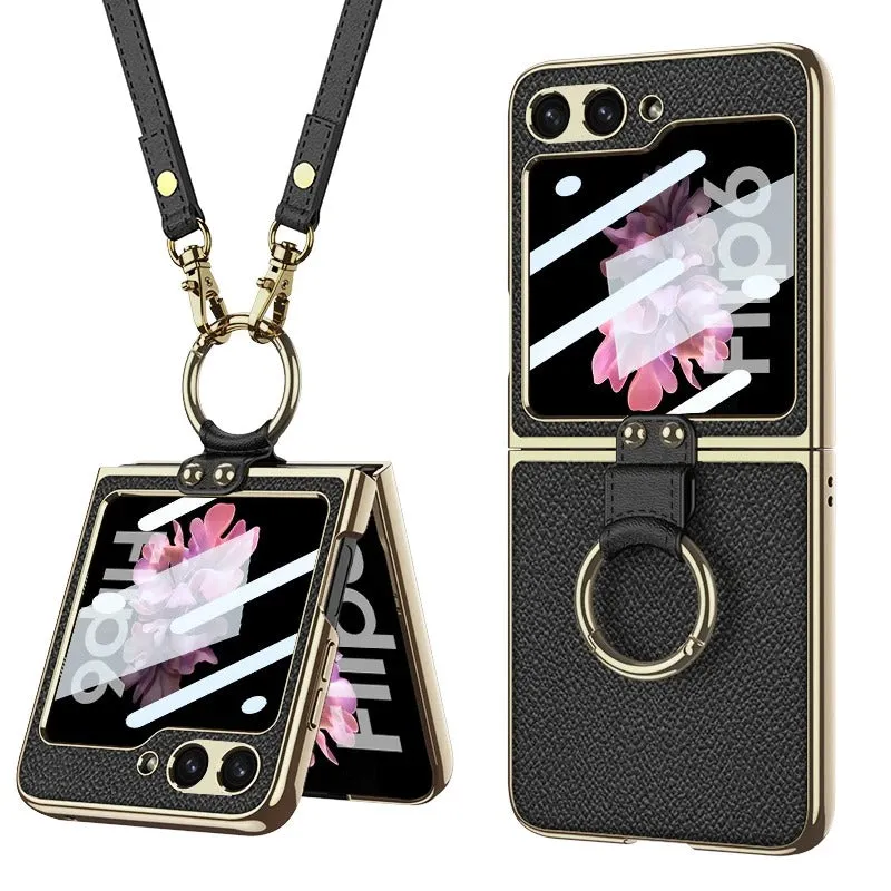 Electroplated Leather Strap Hard Case Back Screen Glass Ring Stand   For Samsung Galaxy Z Flip 6