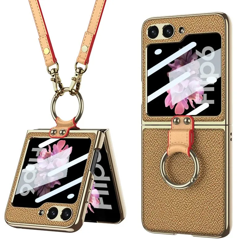 Electroplated Leather Strap Hard Case Back Screen Glass Ring Stand   For Samsung Galaxy Z Flip 6