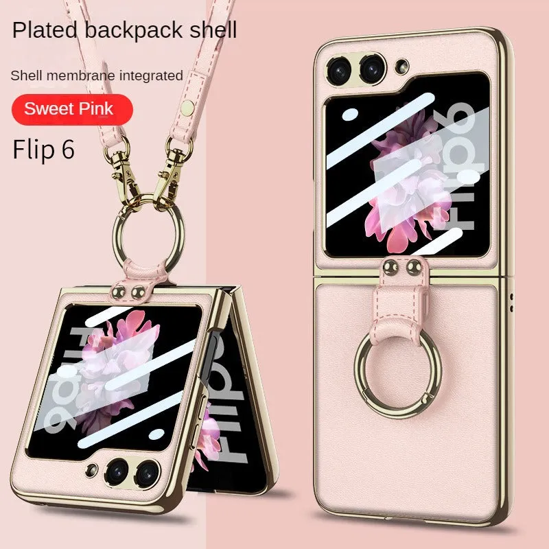 Electroplated Leather Strap Hard Case Back Screen Glass Ring Stand   For Samsung Galaxy Z Flip 6