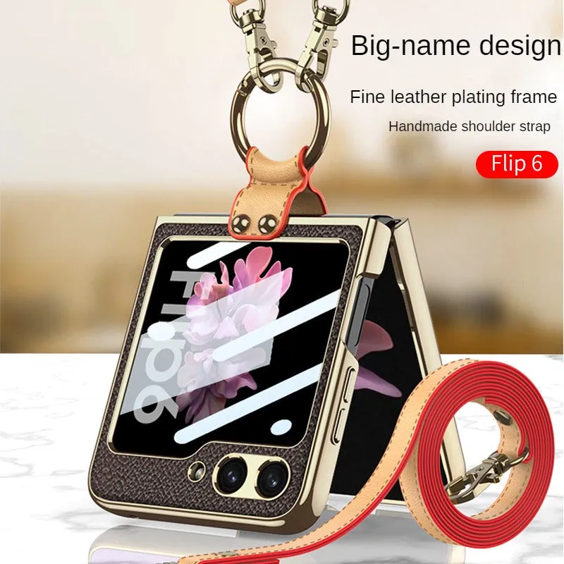 Electroplated Leather Strap Hard Case Back Screen Glass Ring Stand   For Samsung Galaxy Z Flip 6