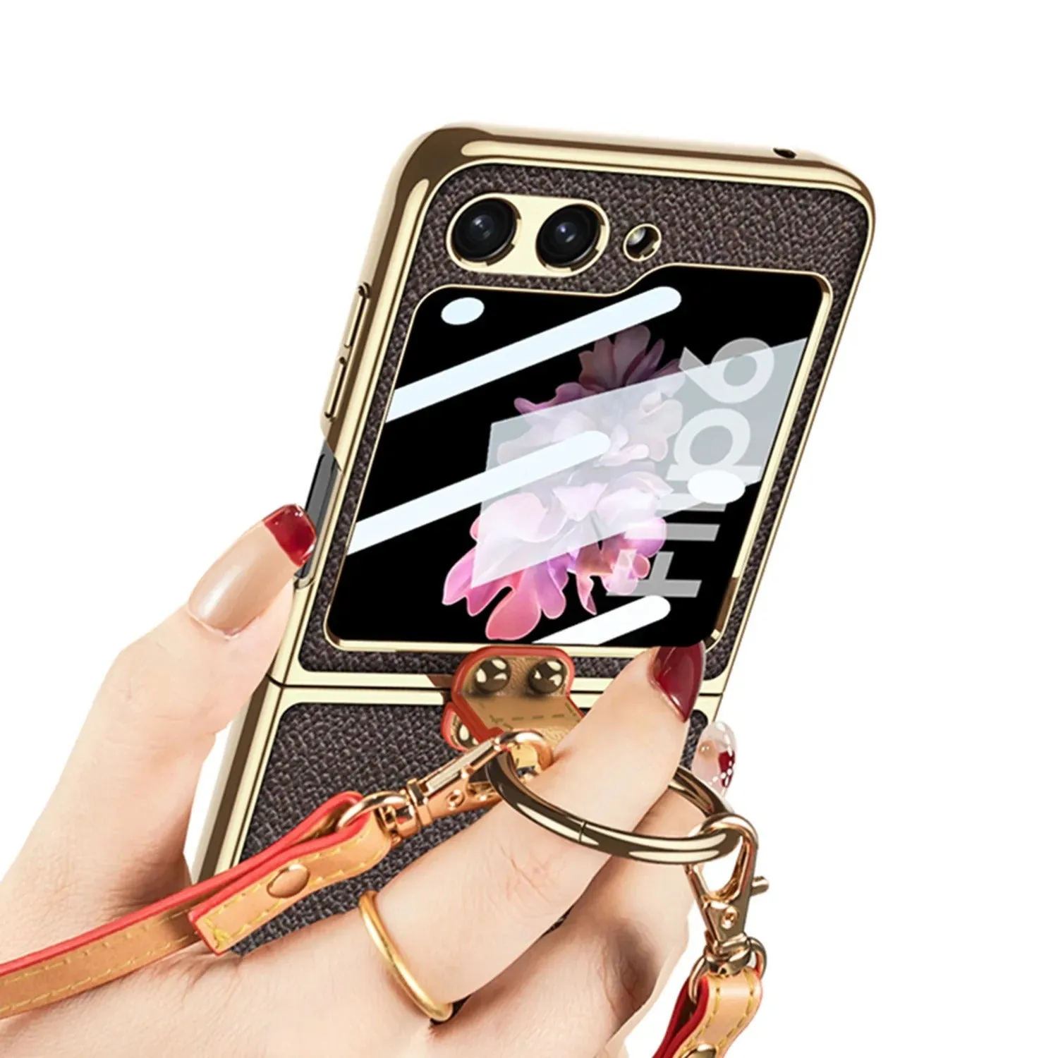 Electroplated Leather Strap Hard Case Back Screen Glass Ring Stand   For Samsung Galaxy Z Flip 6