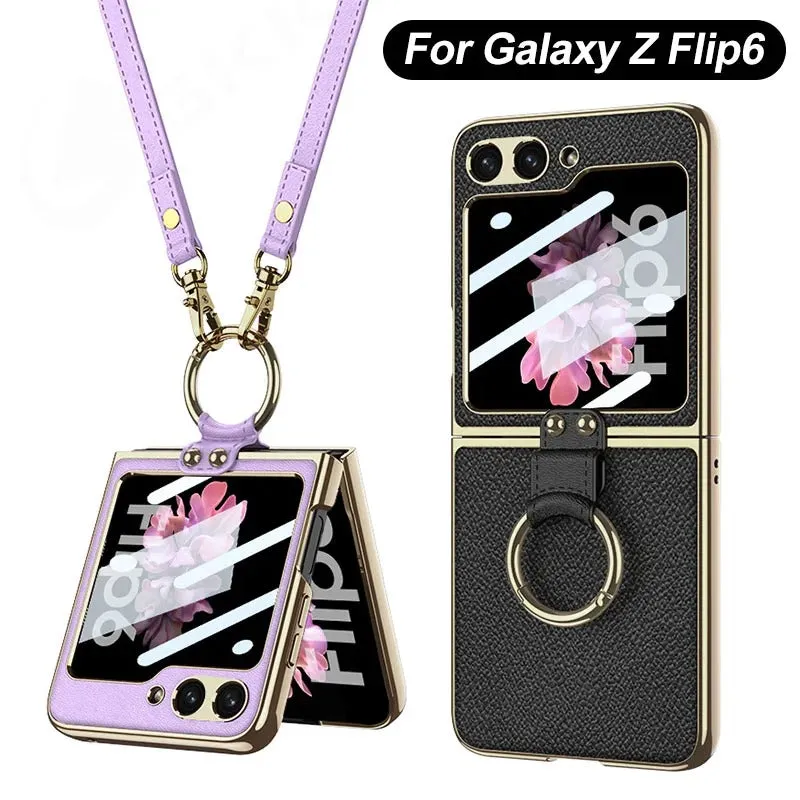 Electroplated Leather Strap Hard Case Back Screen Glass Ring Stand   For Samsung Galaxy Z Flip 6