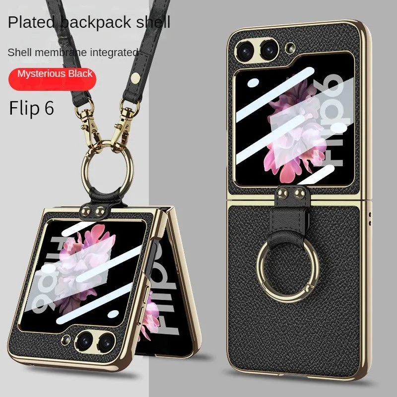 Electroplated Leather Strap Hard Case Back Screen Glass Ring Stand   For Samsung Galaxy Z Flip 6