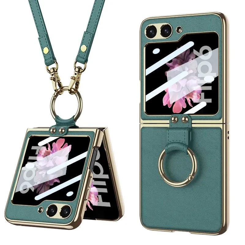 Electroplated Leather Strap Hard Case Back Screen Glass Ring Stand   For Samsung Galaxy Z Flip 6