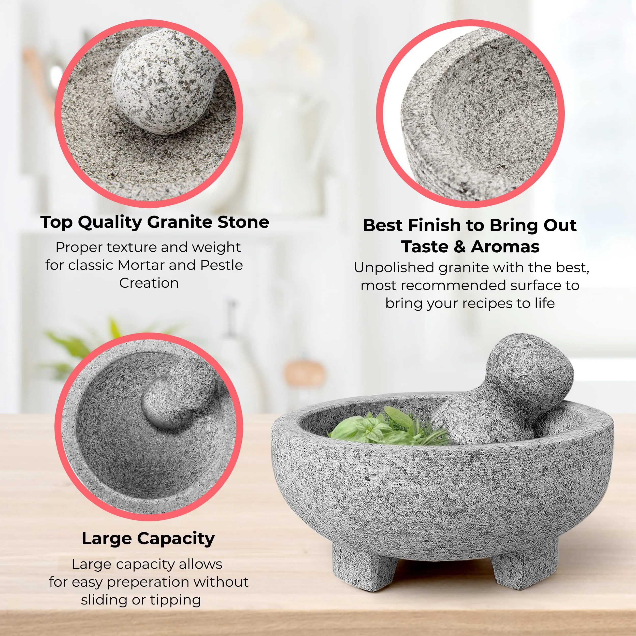 Granite Molcajete Mortar and Pestle Set 8 Inch Unpolished Spice Grinder Bowl