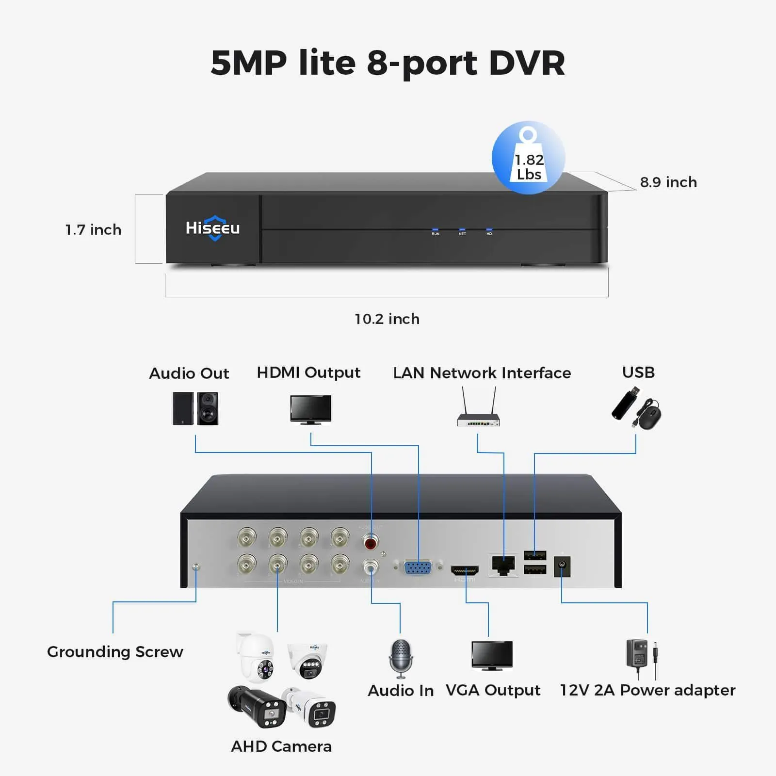 Hiseeu 3K 8 Channel H.265  DVR Security Digital Video Recorder Advanced 5MP DVR with Person Vehicle Detection for CCTV Security Camera,AHD/TVI/CVI/CVBS/IPC,Remote Access,No Monthly Fee,No Hard Drive