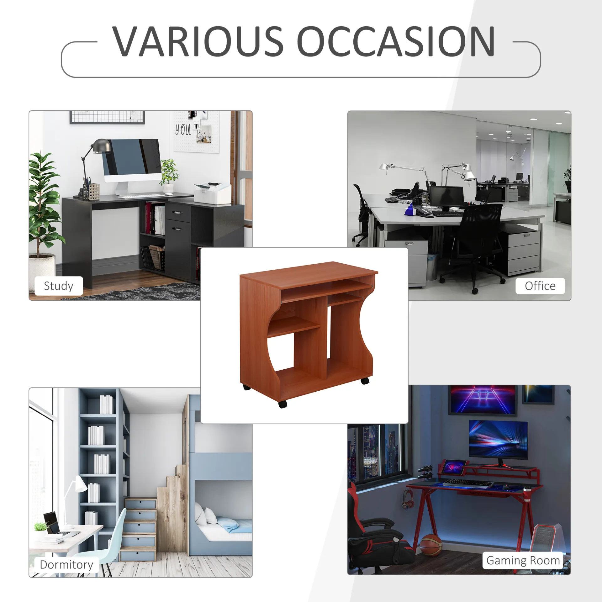 HOMCOM Movable Computer Desk - Compact Workstation with Keyboard Tray & Storage Shelves on Wheels - Ideal for Home Office & Study - 80x48x76cm