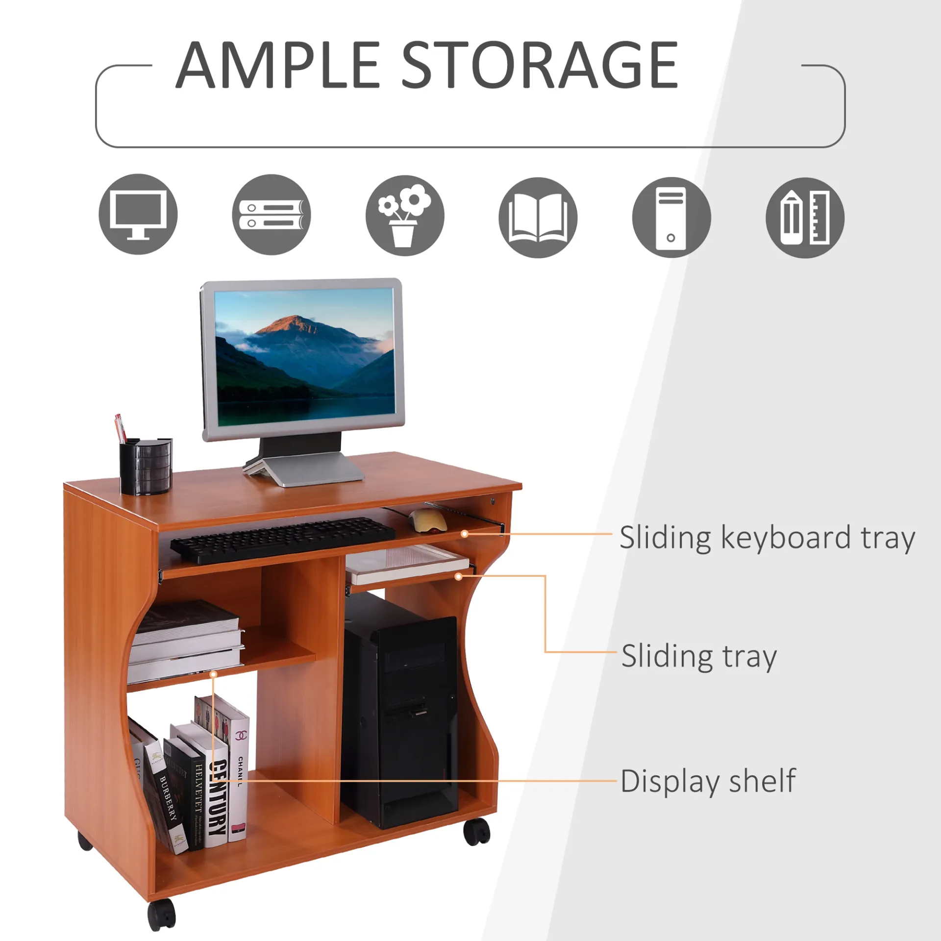 HOMCOM Movable Computer Desk - Compact Workstation with Keyboard Tray & Storage Shelves on Wheels - Ideal for Home Office & Study - 80x48x76cm