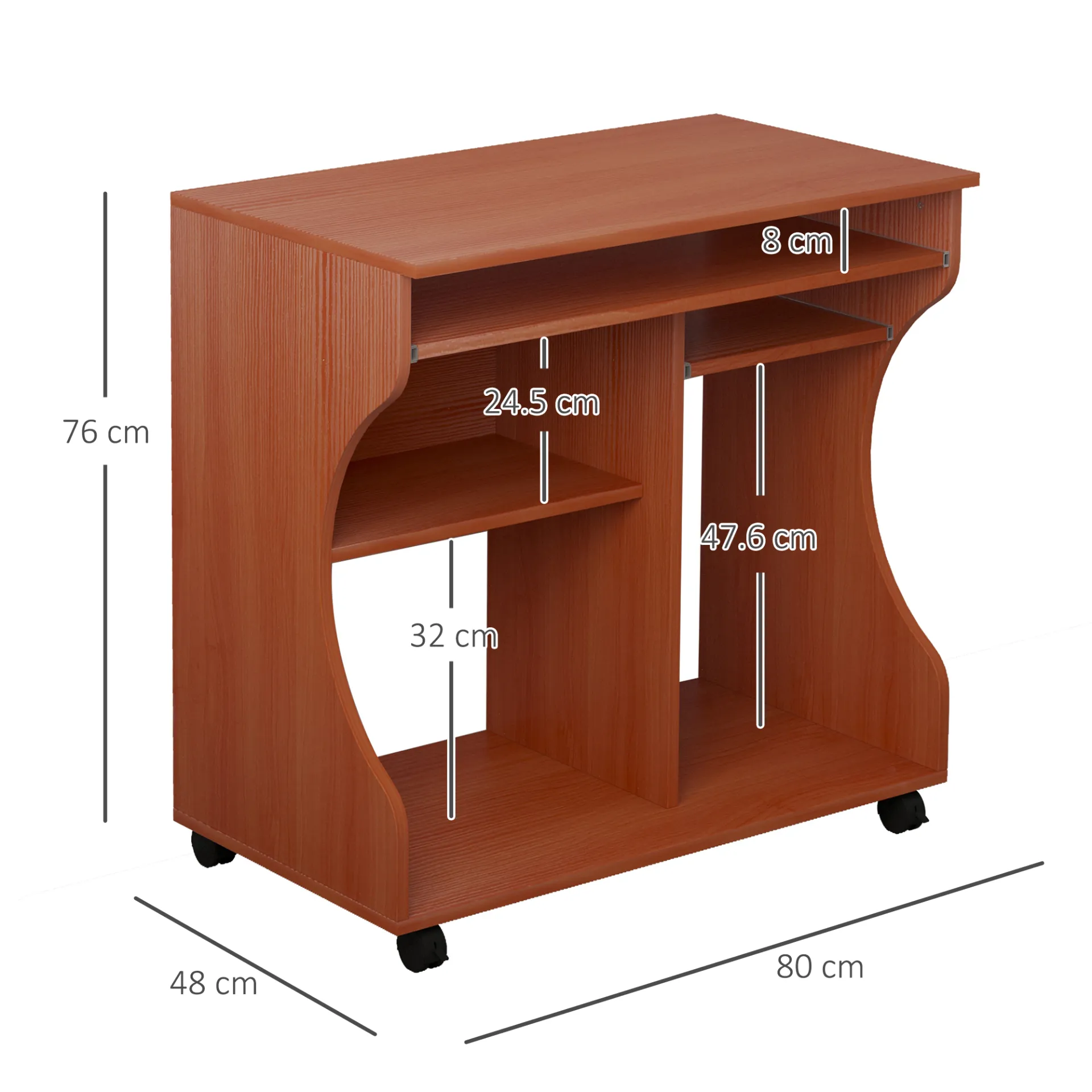 HOMCOM Movable Computer Desk - Compact Workstation with Keyboard Tray & Storage Shelves on Wheels - Ideal for Home Office & Study - 80x48x76cm