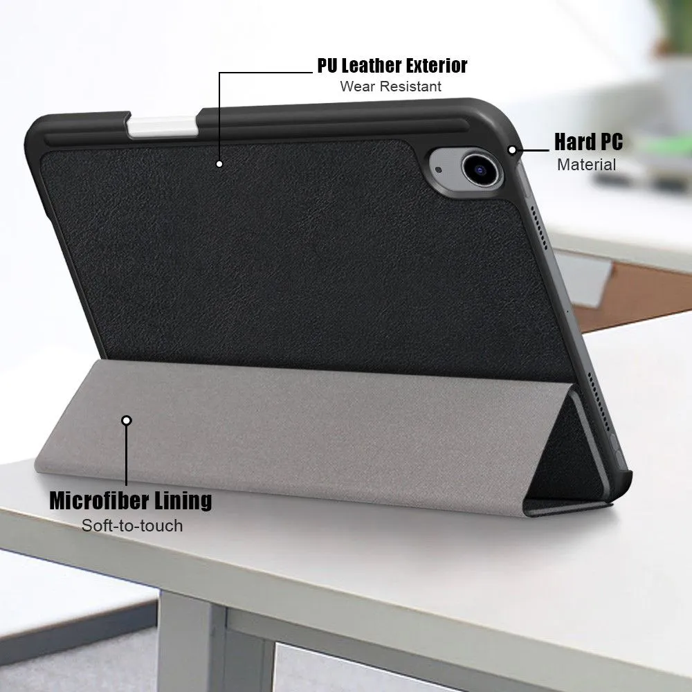 iPad Mini 6 (2021) slim tri-fold PU leather flip case with pen slot - Black