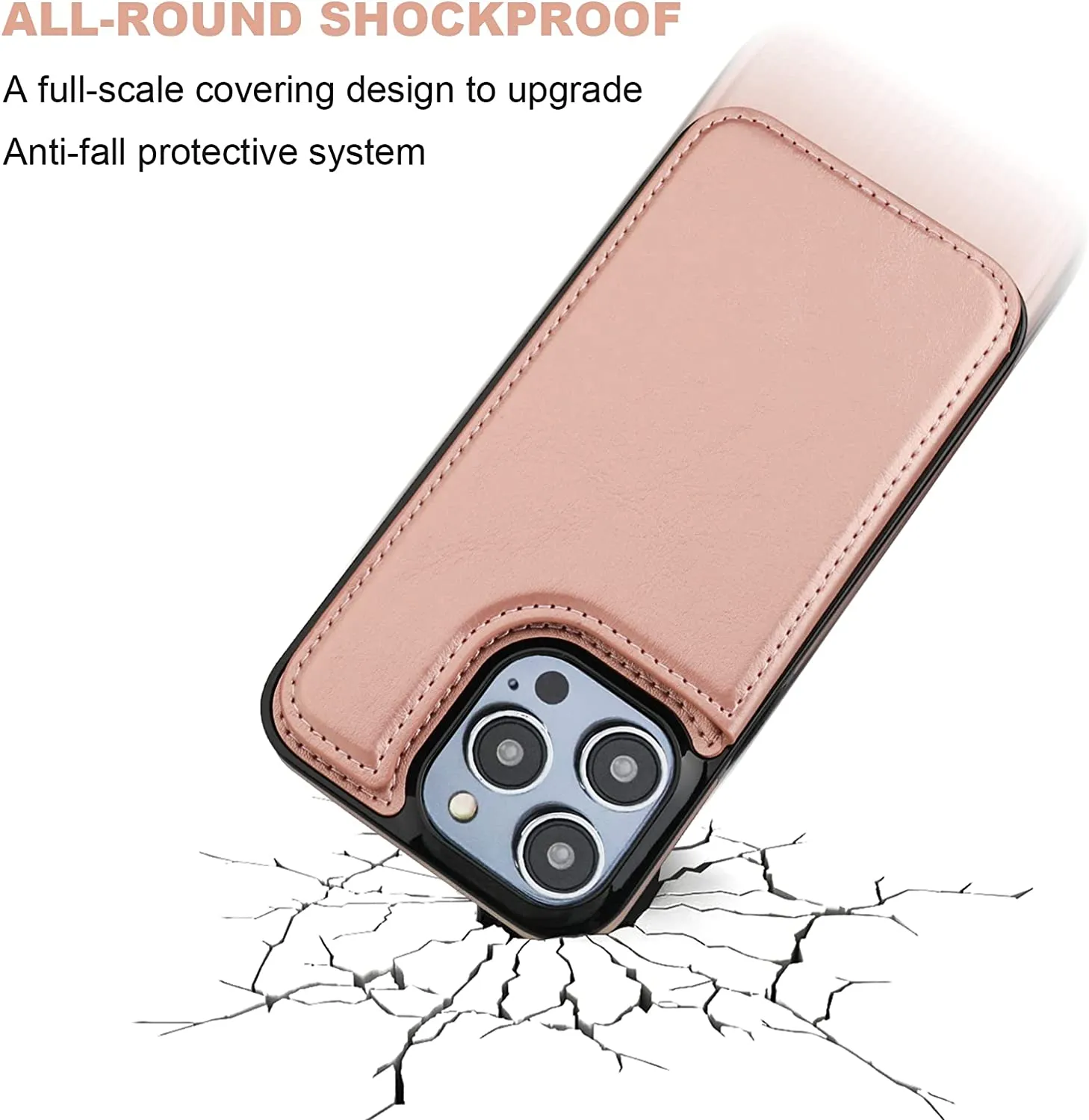 iPhone 14 Pro Max Wallet Case Card Holder, PU Leather Kickstand Rose Gold