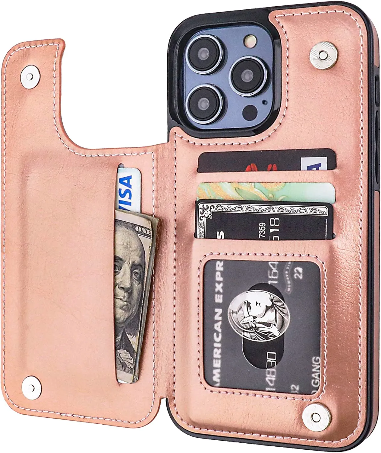 iPhone 14 Pro Max Wallet Case Card Holder, PU Leather Kickstand Rose Gold