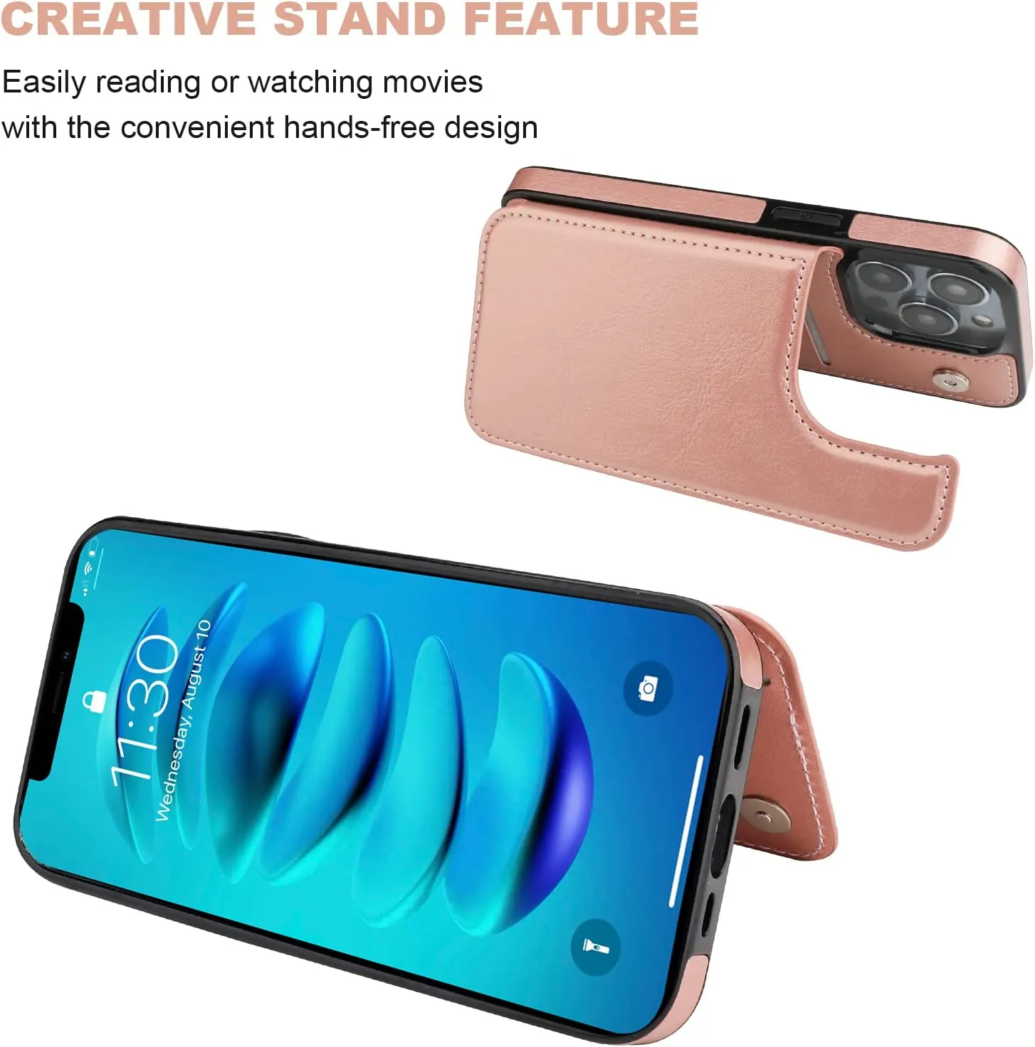 iPhone 14 Pro Max Wallet Case Card Holder, PU Leather Kickstand Rose Gold