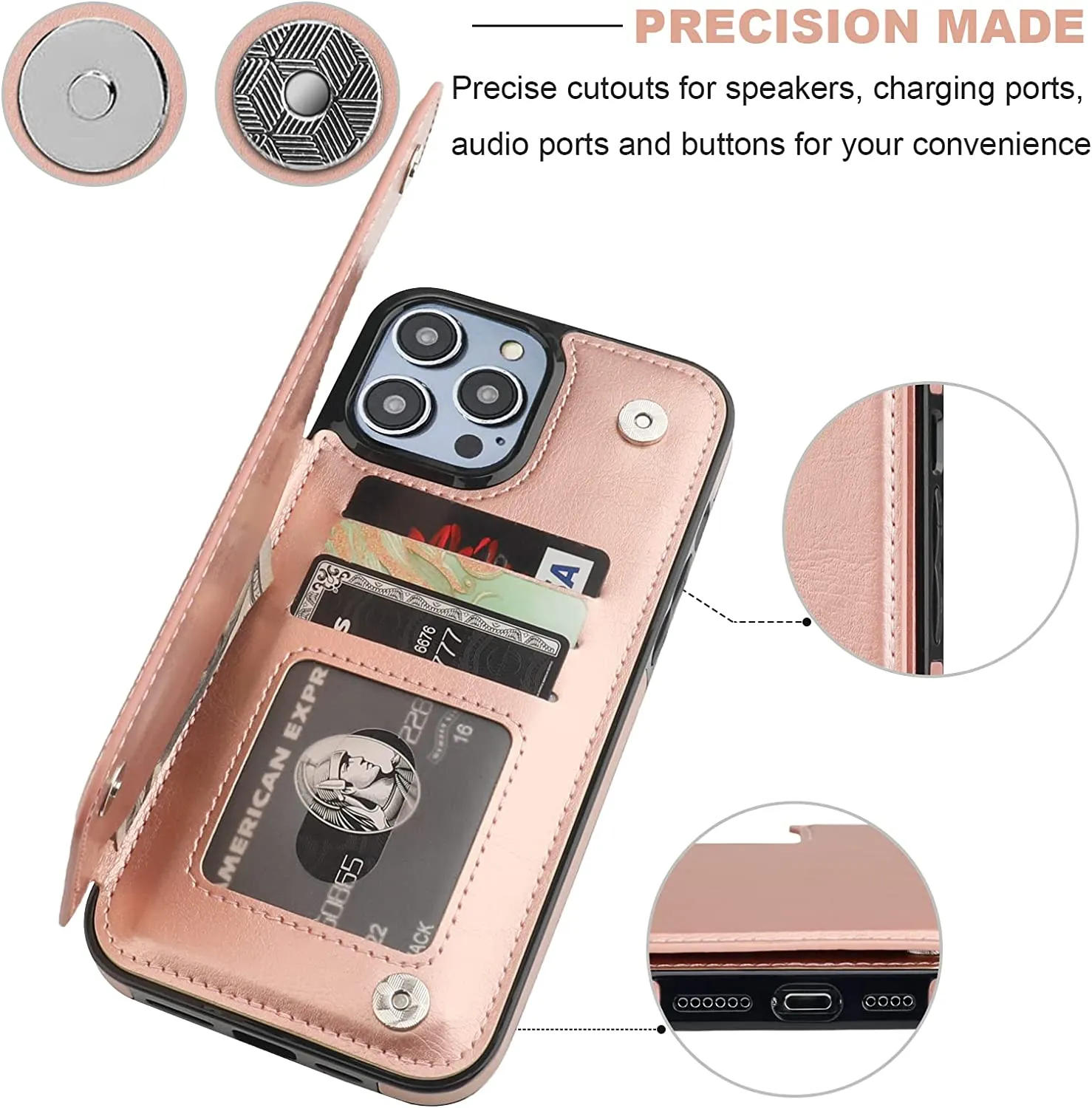 iPhone 14 Pro Max Wallet Case Card Holder, PU Leather Kickstand Rose Gold