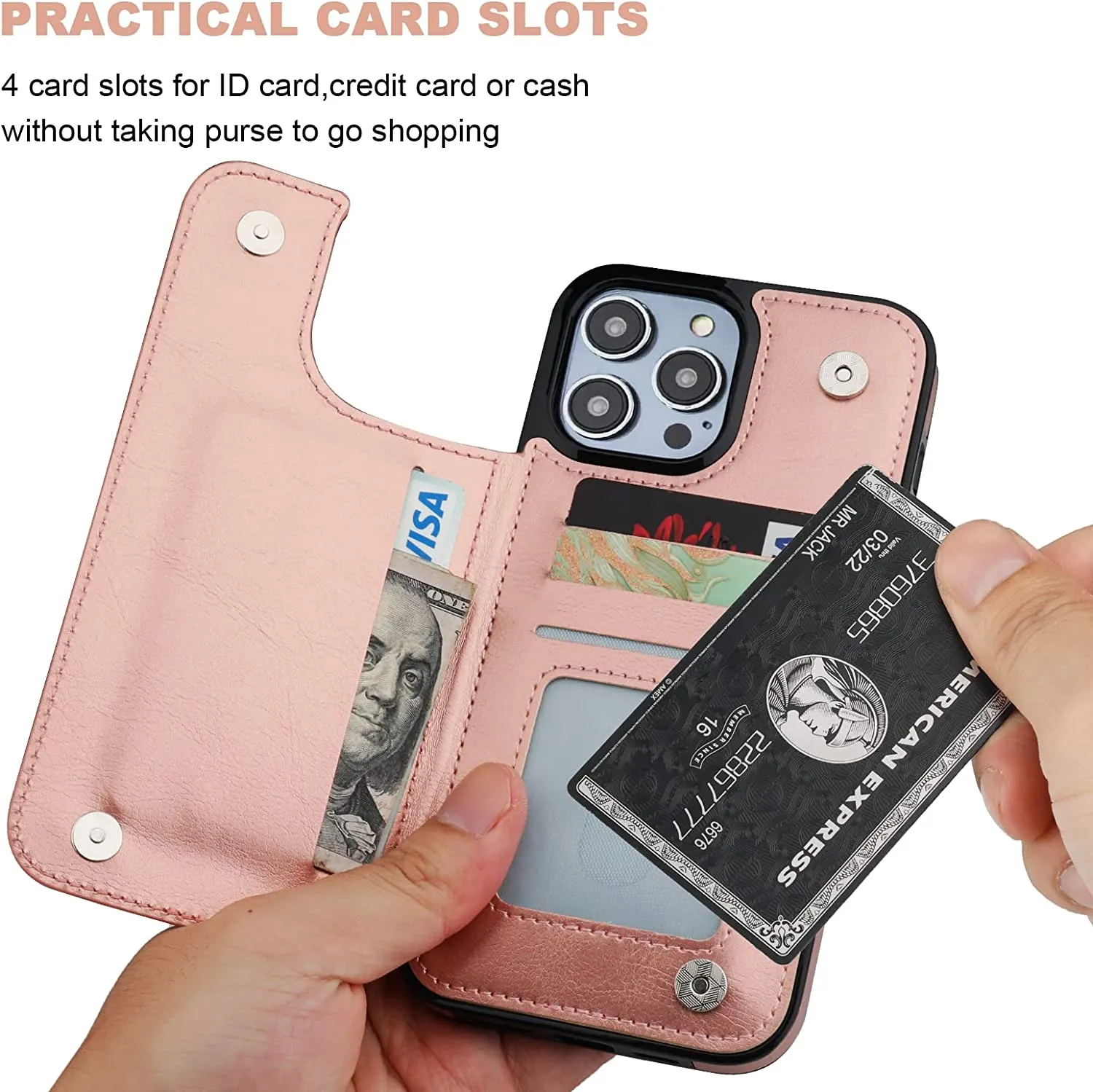 iPhone 14 Pro Max Wallet Case Card Holder, PU Leather Kickstand Rose Gold