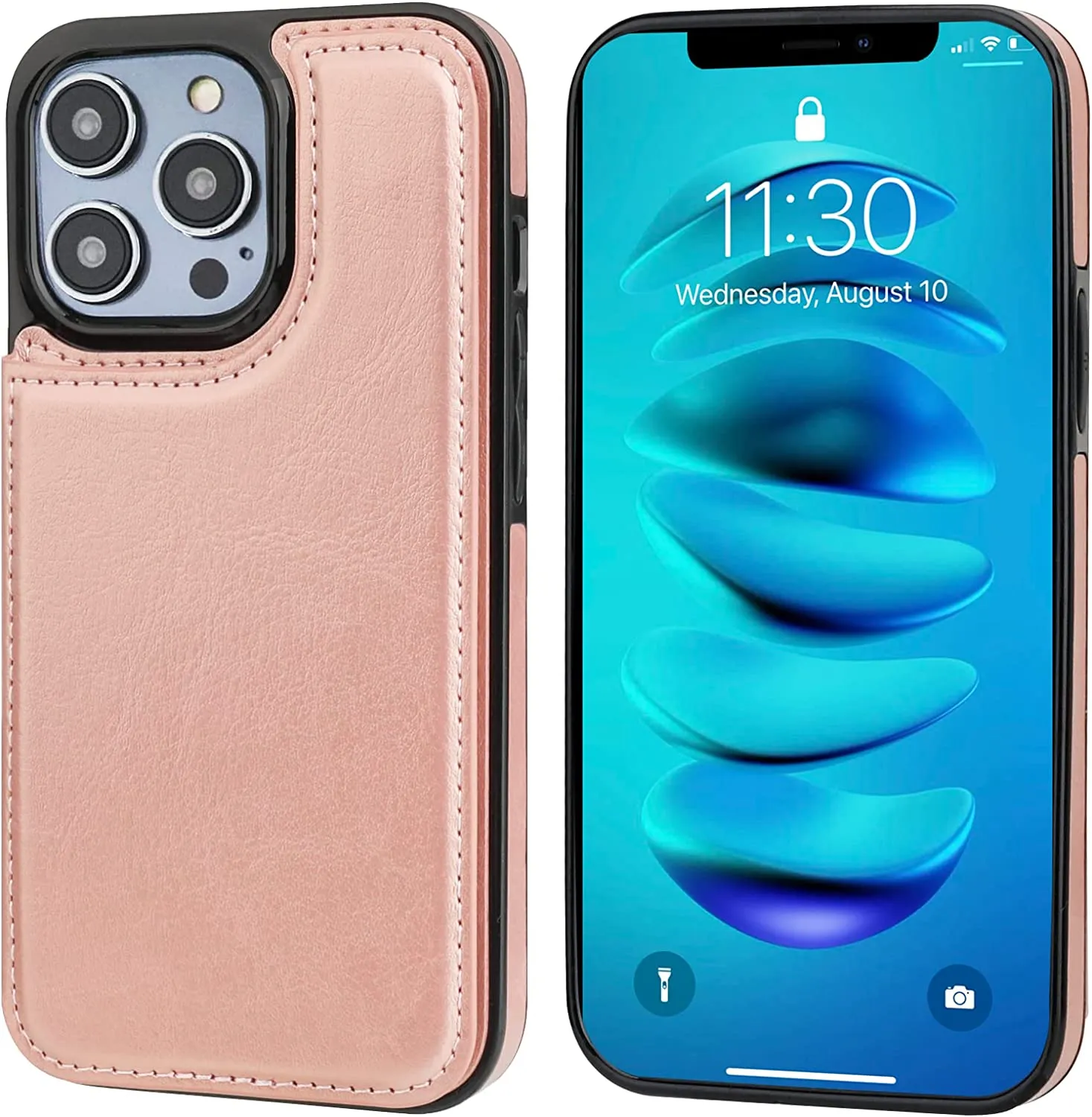 iPhone 14 Pro Max Wallet Case Card Holder, PU Leather Kickstand Rose Gold