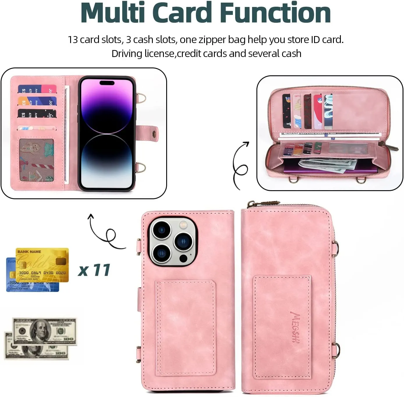 iPhone 14 Pro Max Wallet Case Flip Strap Zipper Card Holder Phone Case  Pink