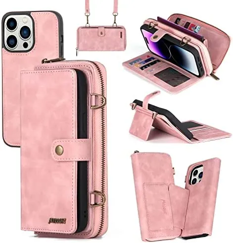 iPhone 14 Pro Max Wallet Case Flip Strap Zipper Card Holder Phone Case  Pink