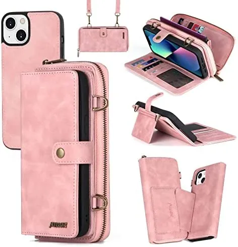 iPhone 14 Pro Max Wallet Case Flip Strap Zipper Card Holder Phone Case  Pink