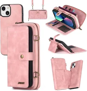 iPhone 14 Pro Max Wallet Case Flip Strap Zipper Card Holder Phone Case  Pink