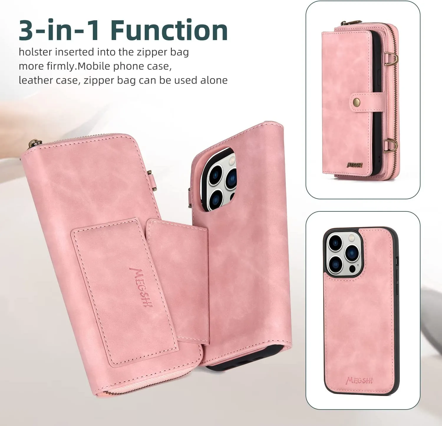 iPhone 14 Pro Max Wallet Case Flip Strap Zipper Card Holder Phone Case  Pink