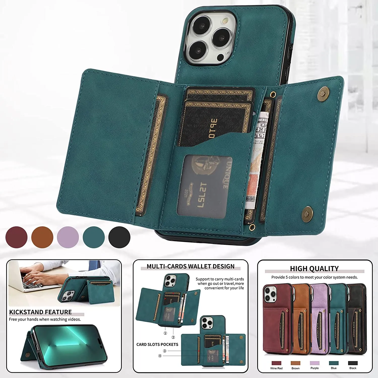 iPhone 14 Pro Max Wallet Case Holder Vintage PU Leather Case Max Blue