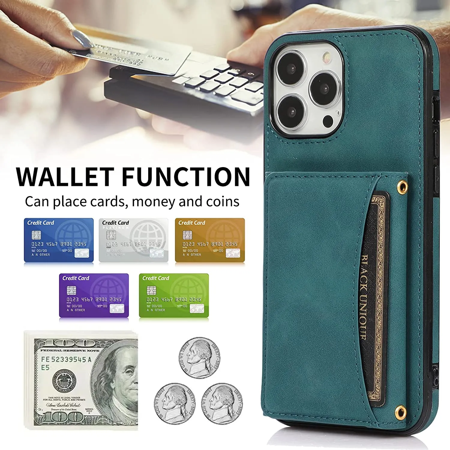 iPhone 14 Pro Max Wallet Case Holder Vintage PU Leather Case Max Blue