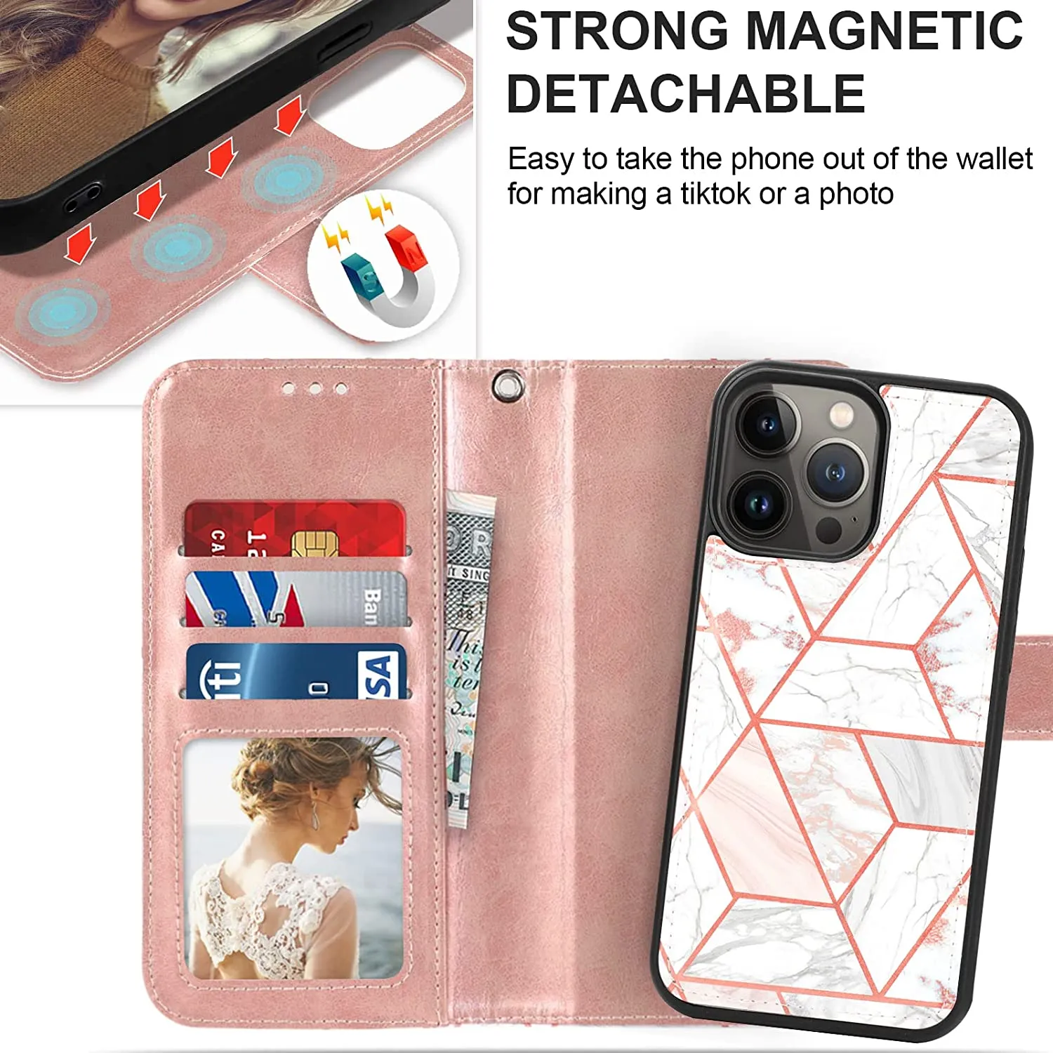 iPhone 14 Pro Max Wallet Case Magnetic Detachable Wallet Case Rose Gold