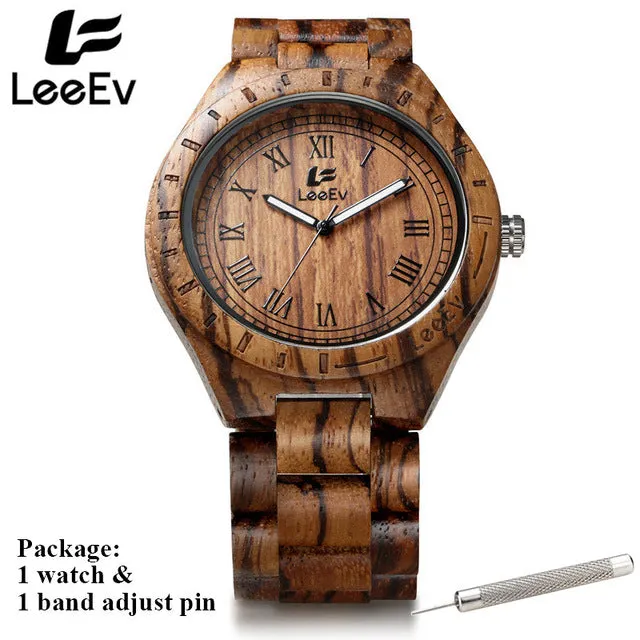 LeeEv Fashion Men Zebra Wooden Watch Big Dial Unique Design Casual Quartz All Wood Band Luminous Hands Wristwatches EV1001