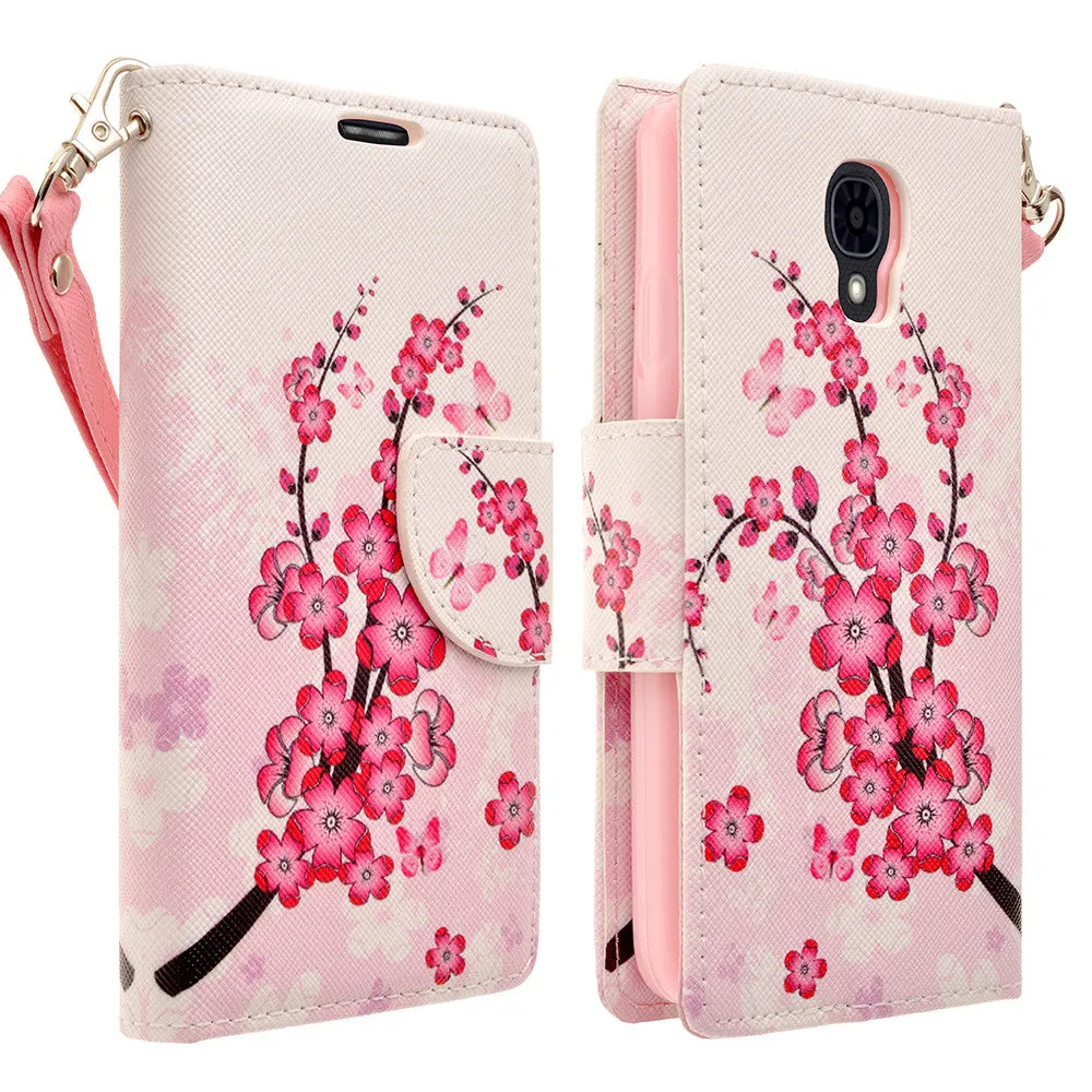 LG Volt Case,  LG LS740 Case Wrist Strap Pu Leather Magnetic Flip Fold[Kickstand] Wallet Case with ID & Card Slots for LG Volt - Cherry Blossom