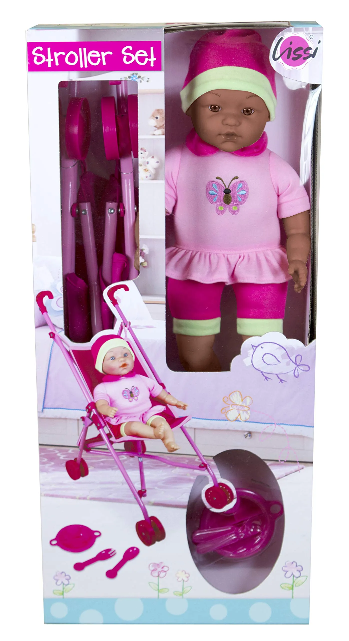 Lissi Doll Umbrella Stroller Set with 16 African American Baby Doll