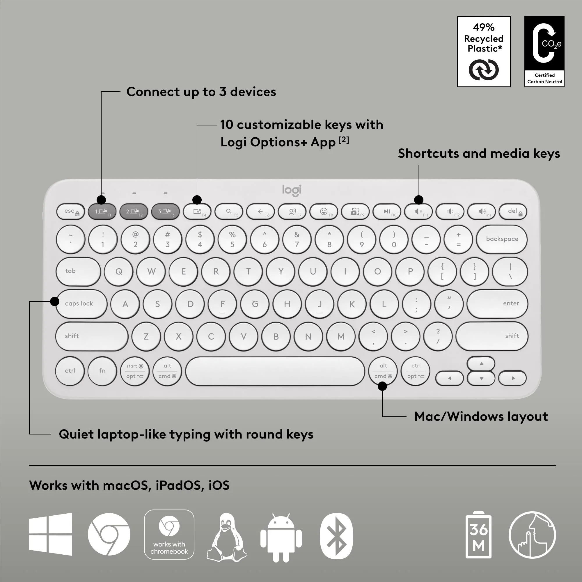 Logitech K380S Pebble Keys 2 Wireless Keyboard (White)