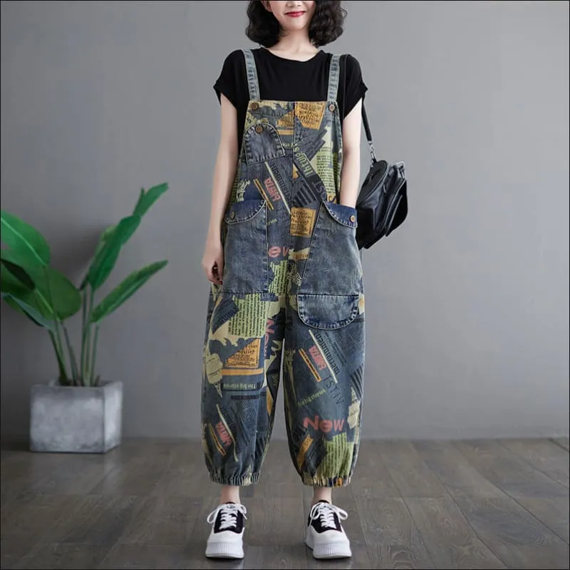 Loose Fit Retro Printed Denim Dungarees for a Nostalgic Vibe