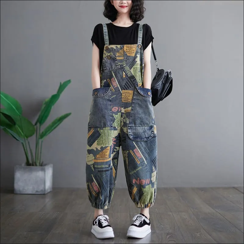 Loose Fit Retro Printed Denim Dungarees for a Nostalgic Vibe