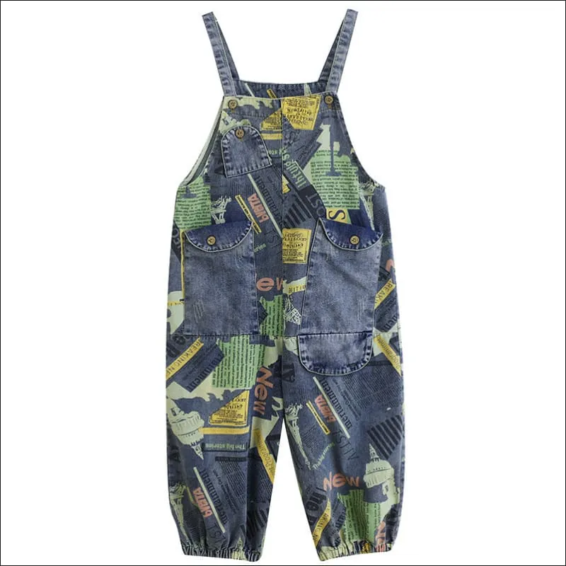 Loose Fit Retro Printed Denim Dungarees for a Nostalgic Vibe