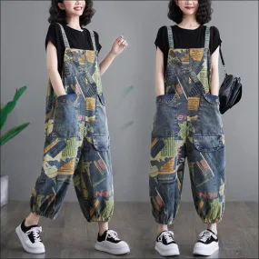 Loose Fit Retro Printed Denim Dungarees for a Nostalgic Vibe