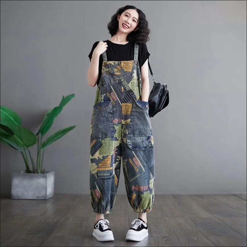 Loose Fit Retro Printed Denim Dungarees for a Nostalgic Vibe