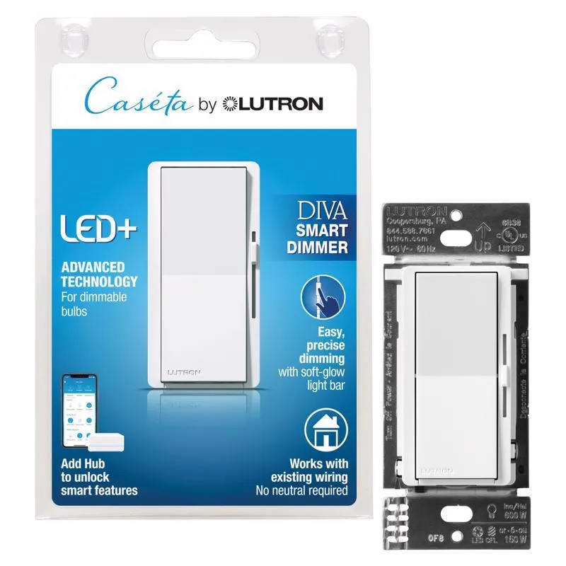 Lutron Caseta Diva White 150 W Toggle Smart-Enabled Dimmer Switch 1 pk