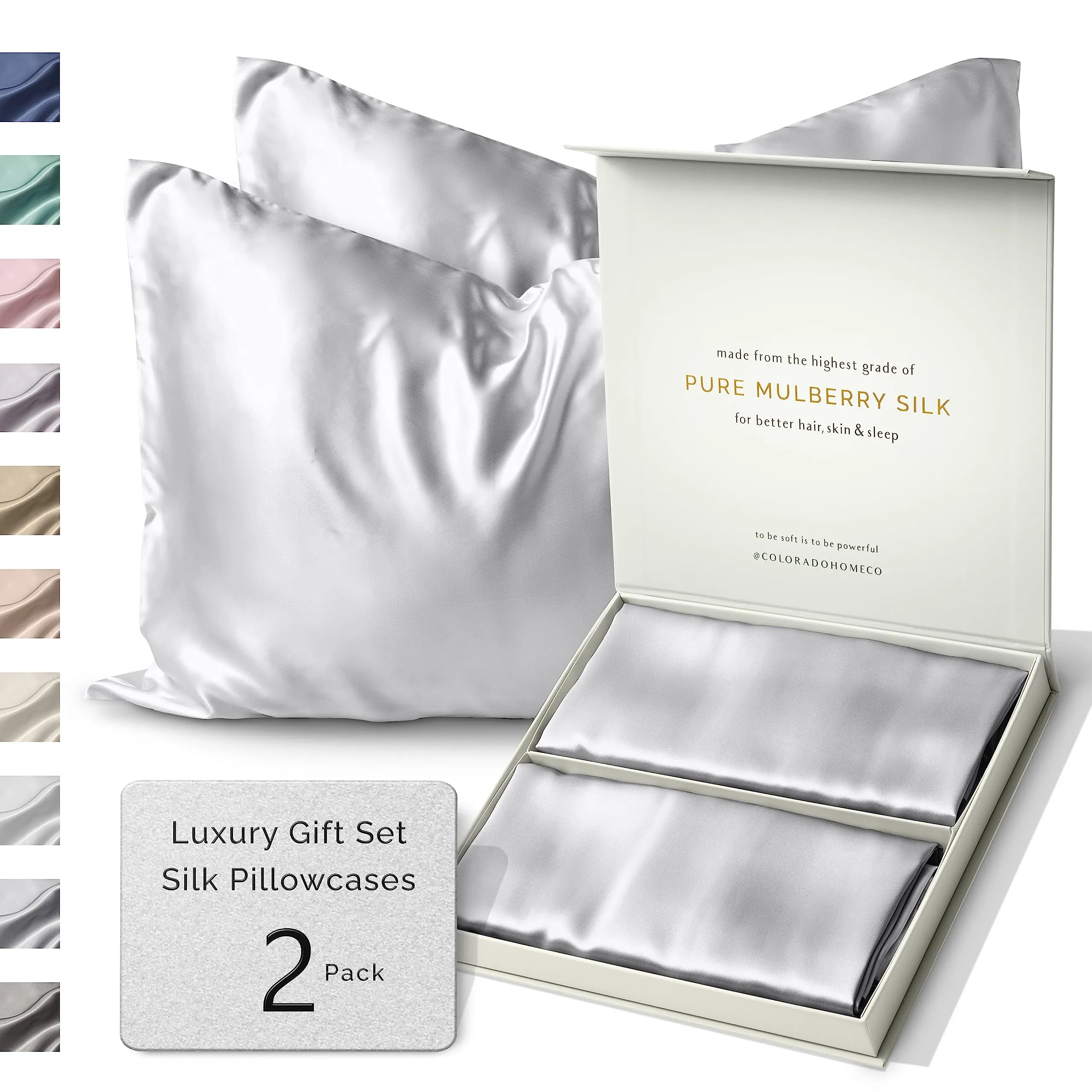 Luxurious Silver Quartz Mulberry Silk Pillowcases 2 Pack Queen Size 20 x 30