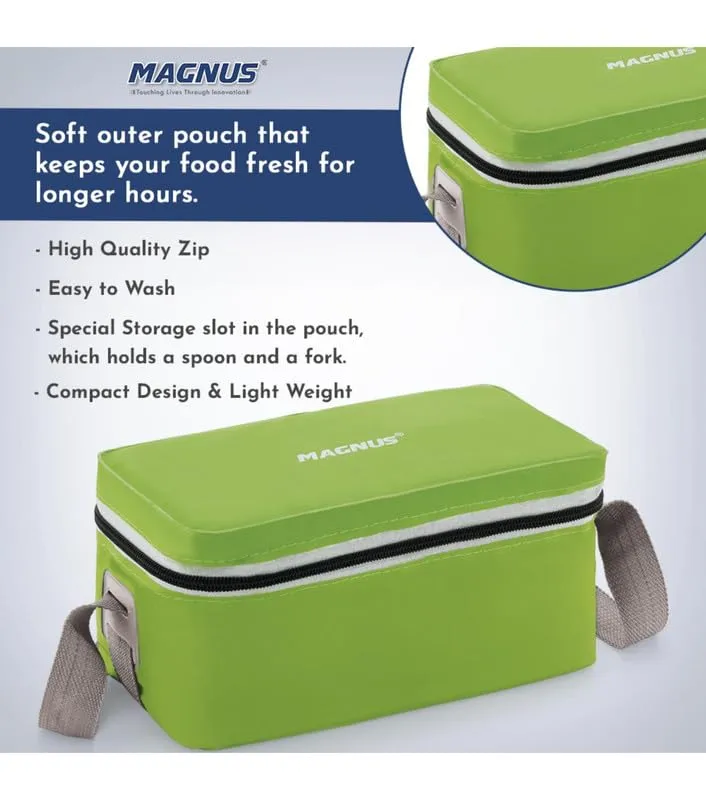 Magnus Fancy 3 Prime Steel Lunch Box Set | Leak-Proof Lunch Box for Kids & Lunch Boxes for Office Men | 3-Compartment Tiffin with Washable Cover | Safe & Stylish Design | Green