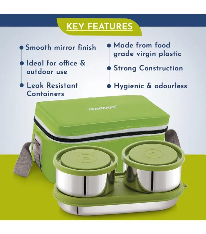 Magnus Fancy 3 Prime Steel Lunch Box Set | Leak-Proof Lunch Box for Kids & Lunch Boxes for Office Men | 3-Compartment Tiffin with Washable Cover | Safe & Stylish Design | Green