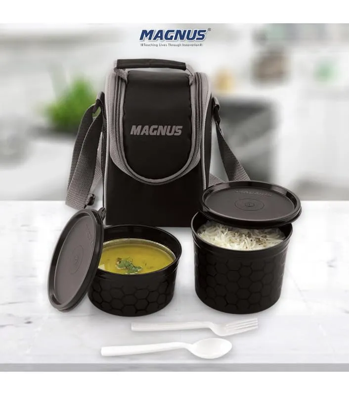 Magnus Microwave Easy Lock Alfa-2 Stainless Steel Lunch Box Set with Leak-Proof Containers & Insulated Bag - Air-Tight, Safe Lunch Box for Kids, Lunch Boxes for Office Men, Women, School, Black