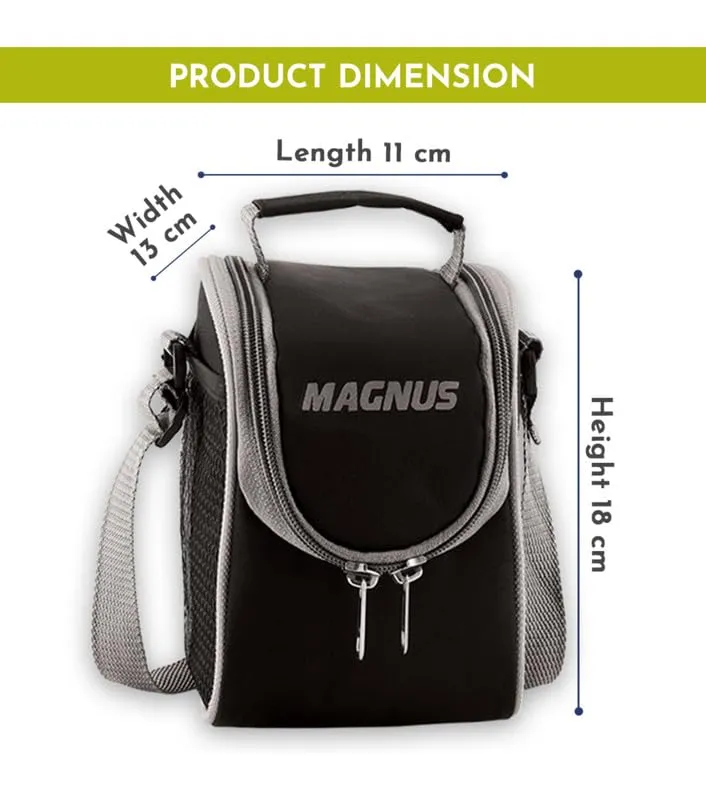 Magnus Microwave Easy Lock Alfa-2 Stainless Steel Lunch Box Set with Leak-Proof Containers & Insulated Bag - Air-Tight, Safe Lunch Box for Kids, Lunch Boxes for Office Men, Women, School, Black