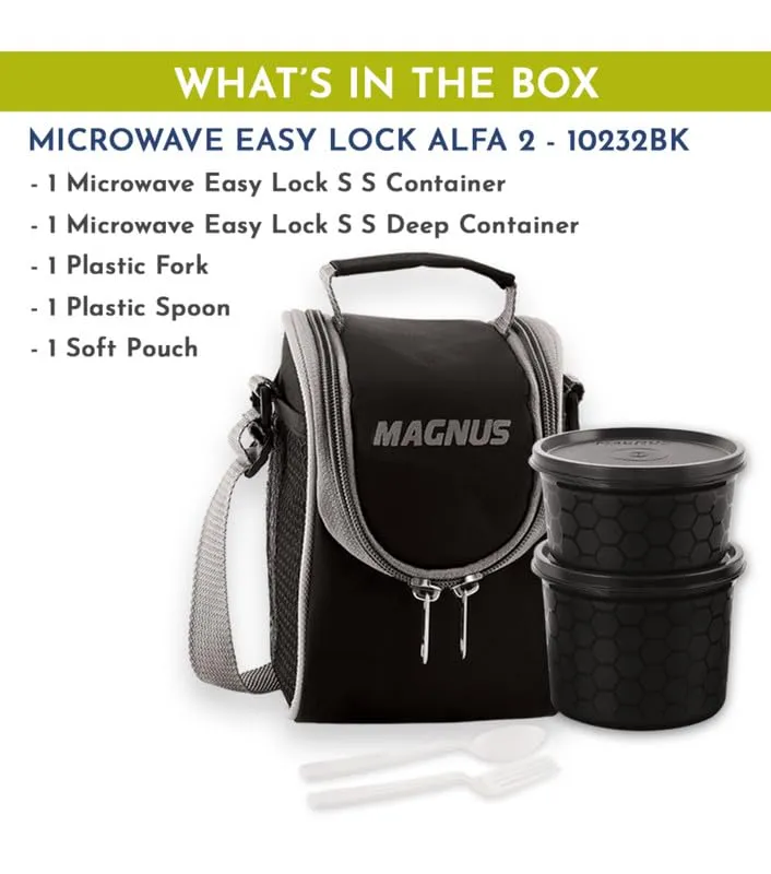 Magnus Microwave Easy Lock Alfa-2 Stainless Steel Lunch Box Set with Leak-Proof Containers & Insulated Bag - Air-Tight, Safe Lunch Box for Kids, Lunch Boxes for Office Men, Women, School, Black