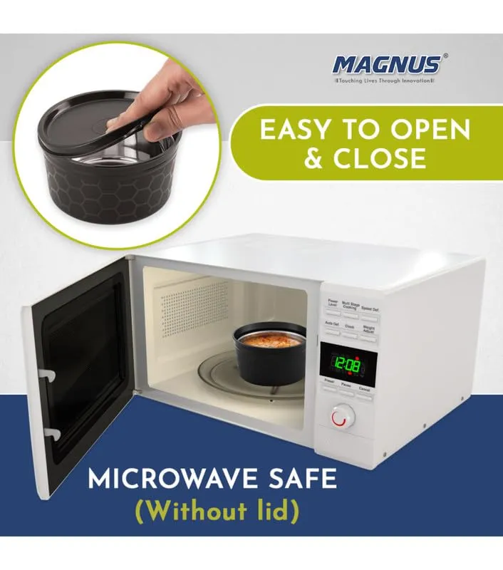 Magnus Microwave Easy Lock Alfa-2 Stainless Steel Lunch Box Set with Leak-Proof Containers & Insulated Bag - Air-Tight, Safe Lunch Box for Kids, Lunch Boxes for Office Men, Women, School, Black