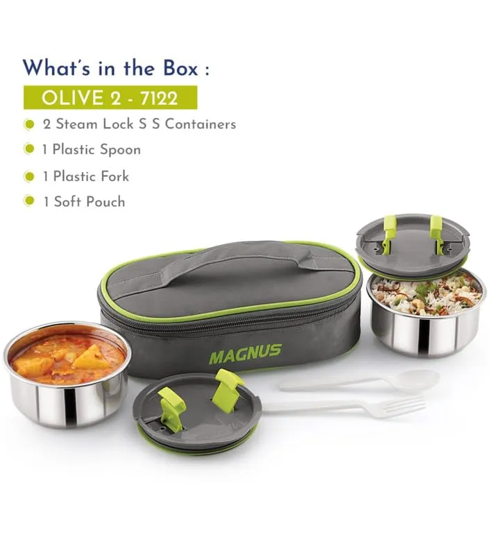 Magnus Olive-2 Stainless Steel Lunch Box for Kids, Lunch Boxes for Office Men - Leak-Proof Containers, Insulated Carry Case, Airtight Food Storage for School, Office, Picnic