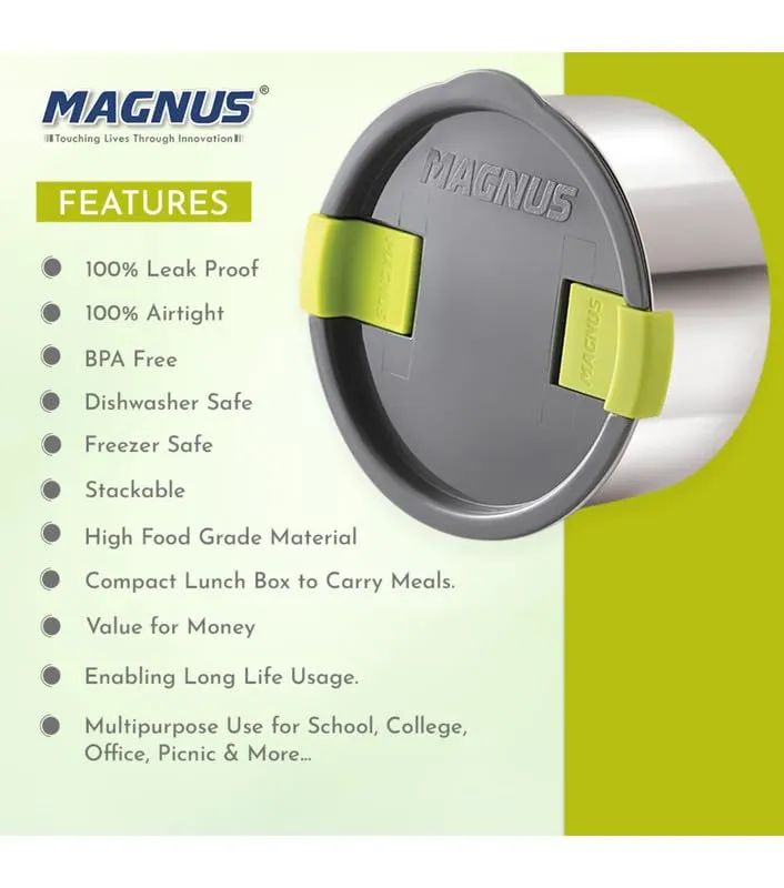 Magnus Olive-2 Stainless Steel Lunch Box for Kids, Lunch Boxes for Office Men - Leak-Proof Containers, Insulated Carry Case, Airtight Food Storage for School, Office, Picnic