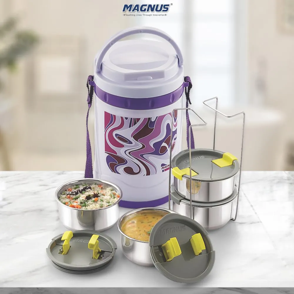 Magnus Pride 4 Violet Insulated Stainless Steel Lunch Box - Made in India Tiffin for Office, Men, Women, Kids - Leakproof 1000 ml Lunch Box for Kids and Office Men with Insulated Cover